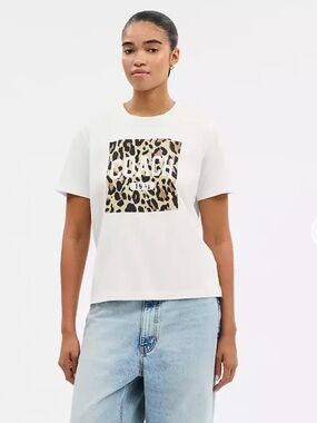 Coach White Tee with Leopard Square Logo